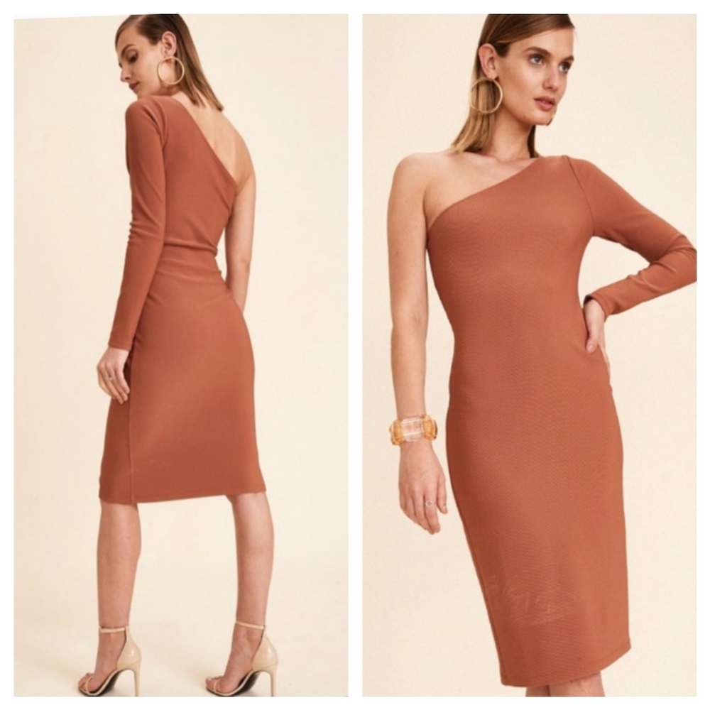 Lpa Revolve Ribbed Knit One Shoulder Burnt Orange Bodycon Cotchtail Dress